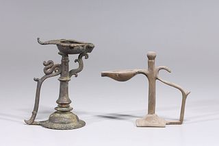 Pair of Antique Indian Bronze Oil Lamps