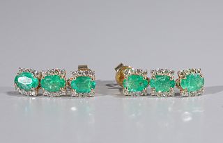 14K Gold, Diamond & Emerald Earrings