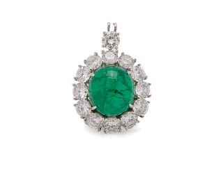 VAN CLEEF & ARPELS Platinum, Cabochon Colombian Emerald, and Diamond Pendant