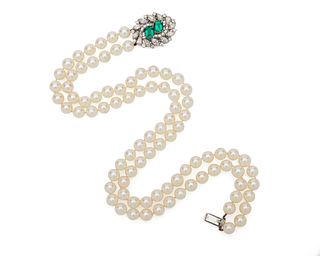 Double Strand Pearl Necklace with Platinum, Emerald, and Diamond Clasp
