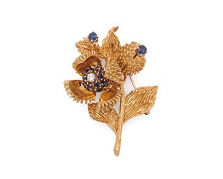 TIFFANY & CO. 18K Gold and Sapphire Flower Brooch