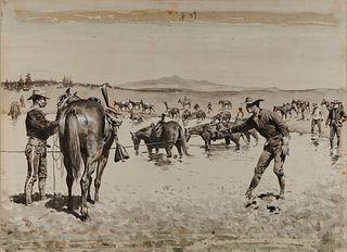 FREDERIC REMINGTON, (American, 1861-1909), Watering the Horses in a 'Dobe Hole, 1894-95