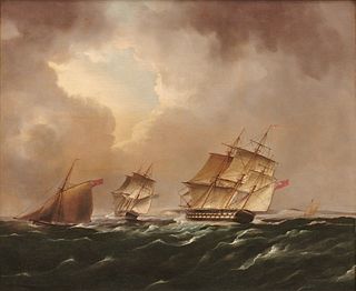 THOMAS BUTTERSWORTH, (English, 1768-1842), English Man-of-War Forming Up in the Straits of Dover