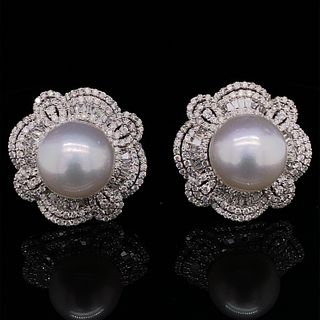 18k Diamond South Sea Pearl Earrings