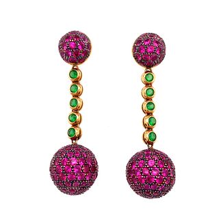 18k Emerald & Red Stone Pave Ball Drop Earrings