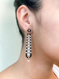 Platinum Onyx Diamond Long Earrings
