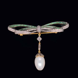 Art Nouveau 18k Emerald Pearl Diamond Bow Brooch