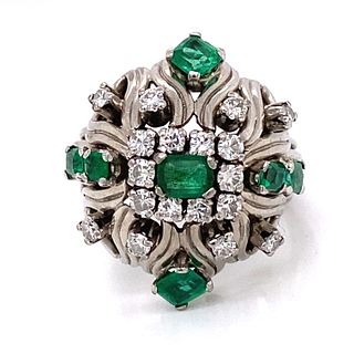 Platinum Retro Diamond Emerald Ring