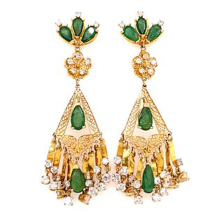 22k Portuguese Feligri Emerald Diamond Dangle Earrings
