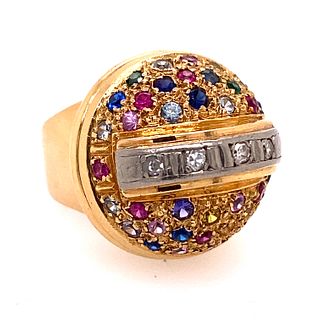 18k French Retro Pave Multi Color Gem Ring