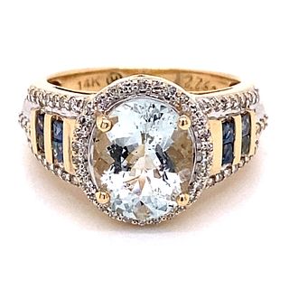 14k Aqua Sapphire Diamond Ring