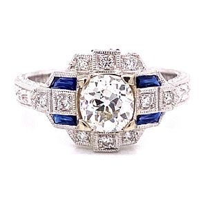 Art Deco 14K Diamond Sapphire Engagement Ring