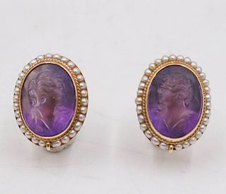 Amethyst Cameo and Seed Pearl Clip Earrings