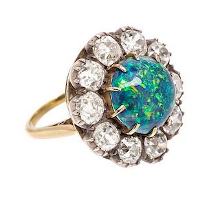 A Victorian Silver Topped Gold, Black Opal and Diamond Ring, 4.60 dwts.
