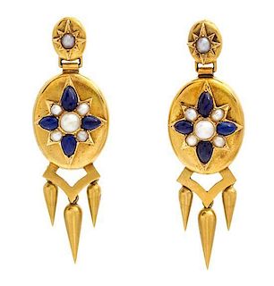 A Pair of 18 Karat Yellow Gold, Lapis Lazuli and Pearl Earrings, 8.00 dwts.