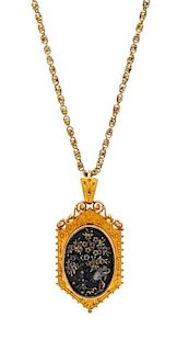 A Victorian Yellow Gold and Shakudo Pendant Necklace, 15.00 dwts.