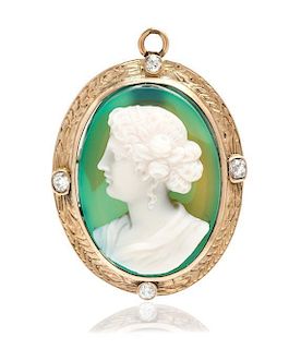 A Yellow Gold, Diamond and Dyed Hardstone Cameo Pendant/Brooch, 11.30 dwts.