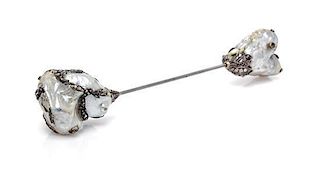 A Georgian Silver, Diamond and Hollow Blister Pearl Jabot Pin, 14.30 dwts.
