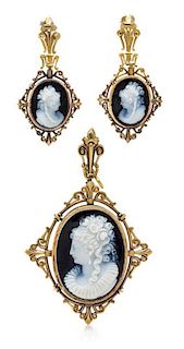 A Victorian Yellow Gold and Onyx Cameo Demi Parure, 25.50 dwts.