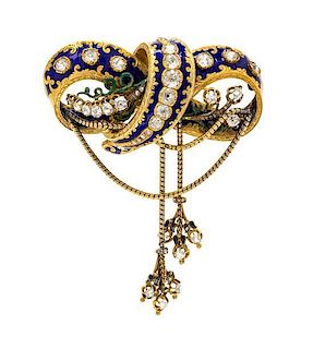 A Victorian Yellow Gold, Diamond and Polychrome Enamel Bow Brooch, 24.60 dwts.