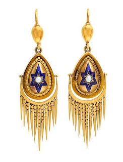 A Pair of Etruscan Revival Yellow Gold, Enamel and Seed Pearl Earrings, Circa 1885, 7.90 dwts.