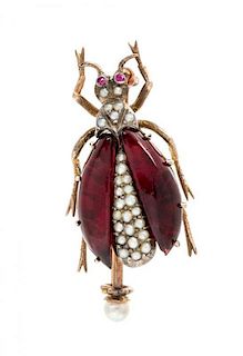 A Yellow Gold, Enamel and Seed Pearl Beetle Brooch, 6.10 dwts.