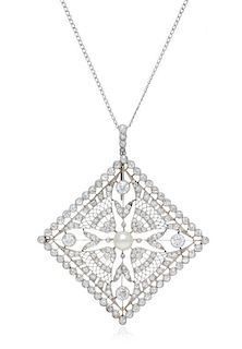 An Edwardian Platinum, Natural Pearl and Diamond Pendant, 10.00 dwts.