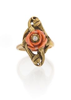 * An Art Nouveau Yellow Gold, Coral, and Diamond Ring, 3.70 dwts.