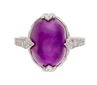 A Platinum, Purple Star Sapphire and Diamond Ring, Circa 1910, 4.70 dwts.
