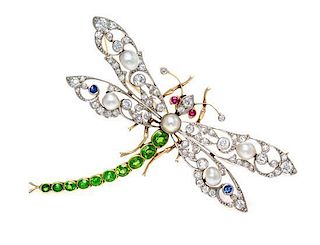 A Platinum Topped Gold, Diamond, Demantoid, Sapphire, Ruby and Pearl Dragonfly Brooch, Circa 1900, 14.30 dwts.