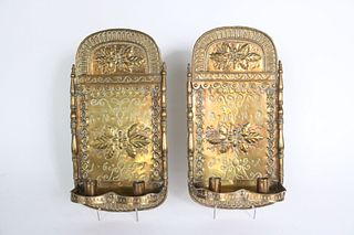 Pair Brass Punch Decorated Two-Light Wall Sconces