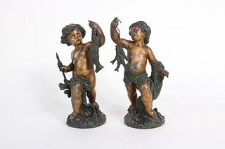 Pair Patinated White Metal Cherubs With Trophies