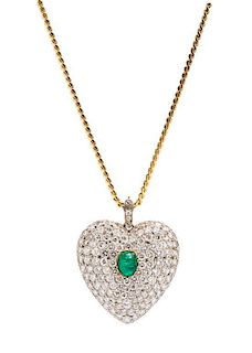 A Platinum Topped Yellow Gold, Diamond and Emerald Heart Pendant, 20.00 dwts.