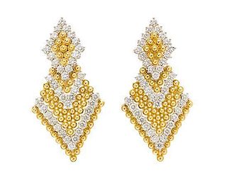 * A Pair Of 18 Karat Yellow Gold, Platinum and Diamond Pendant Earclips, Chaavae, 27.40 dwts.