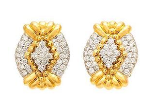 * A Pair Of 18 Karat Yellow Gold, Platinum and Diamond Earclips, Chaavae, 19.30 dwts.