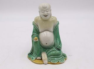 Biscuit Porcelain Figure of Buddha in Green Robe