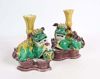 Pair of Chinese Biscuit Porcelain Kyling Figures