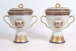Pair of Chinese Export Twin-Handled Cup-Form Urns
