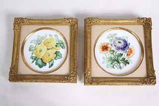 Pair of English Porcelain Circular Floral Plaques