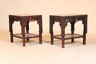 Pair of Chinese Carved Hardwood Stone-Inset Tables