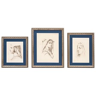 FÉLIX PARRA (MÉXICO, 1845-1919) GRUPO DE ESTUDIOS PARA ROSTROS DE MUJER  Lápiz sobre papel.   31 x 23.5 cm; 26 x 17 cm y 22 x 16.5 cm | FÉLIX PARRA (M
