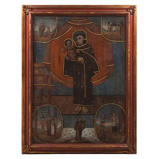 VIDA DE SAN ANTONIO DE PADUA. MÉXICO, SIGLO XVIII. Óleo sobre tela. 122 x 89 cm. | VIDA DE SAN ANTONIO DE PADUA. MEXICO, 18TH CENTURY Oil on canvas 48