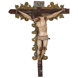 CRISTO CRUCIFICADO MÉXICO, SIGLO XIX Talla en madera policromada, cruz renovada Cristo: 100 x 93 cm Cruz: 141 x 114 cm | CRISTO CRUCIFICADO MEXICO, 19