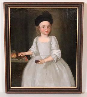 Portrait of a Young Child in a Bonnet with Fruit