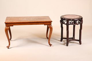 Marble-Inset Hardwood Circular Low Table