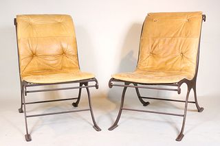 Pair of Upholstered Cast-Iron Campeche Chairs