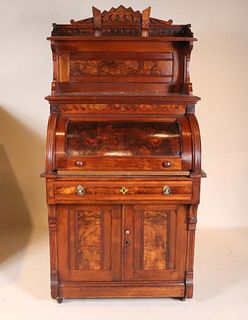 Victorian Walnut Cylinder Front Desk and Bookcase