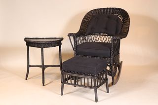 Vintage Black-Painted Wicker Rocking Chair