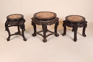Three Carved Hardwood Stone-Top Plant Stands