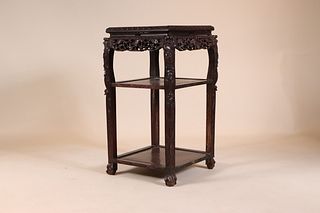Chinese Carved Hardwood Stone-Top Side Table